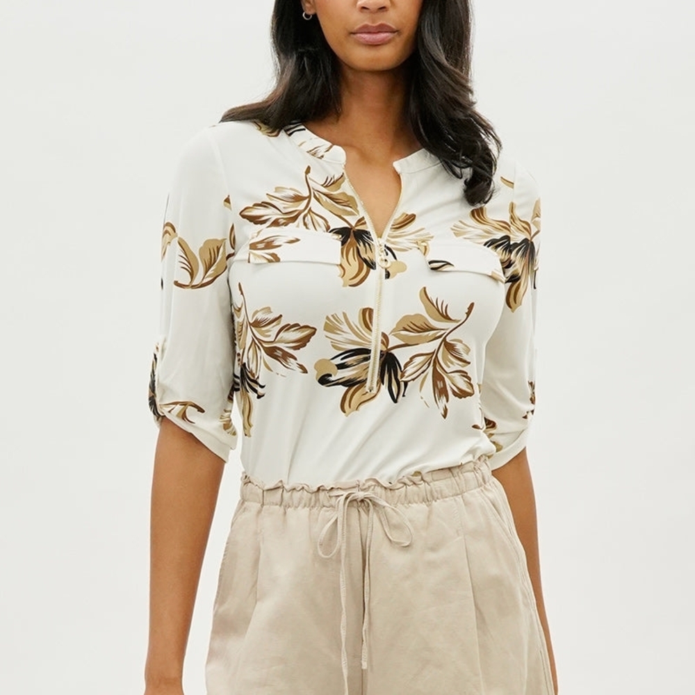 Cream Floral Henley-Style Blouse with Roll-Tab Sleeves